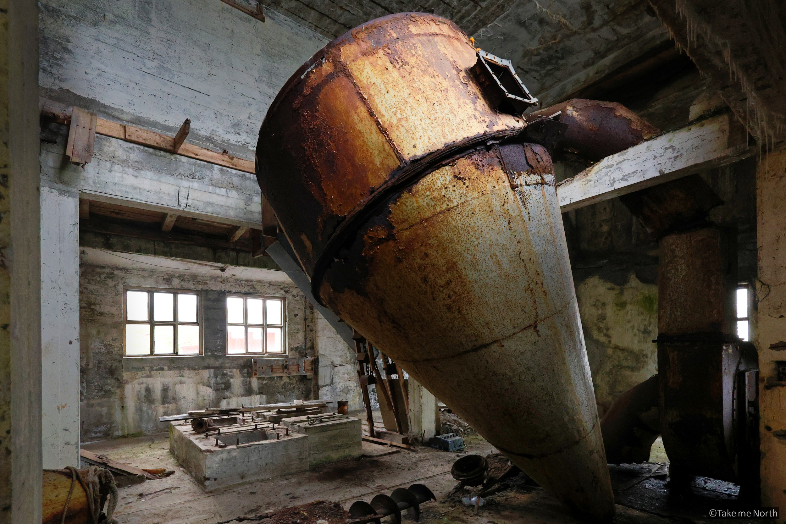 A collapsed fish meal silo.