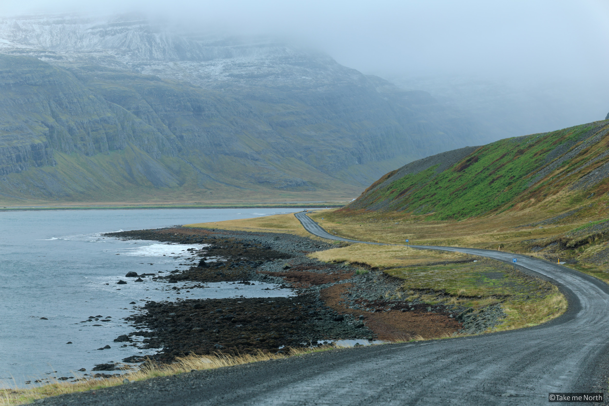 The gravel road 643 winds along the coastline.