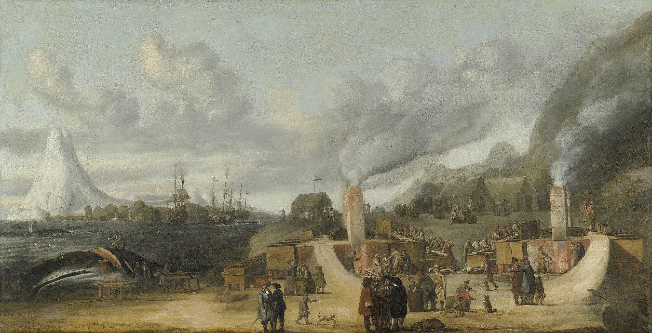 Impression of the Smeerenburg refinery by Cornelis de Man (1639). De Man based his image on stories and other drawings, he was never at Spitsbergen. Rijksmuseum, Amsterdam.